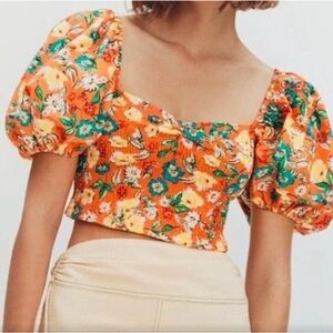 Zara Orange Floral Crop Top Short Bubble Puff Sleeve